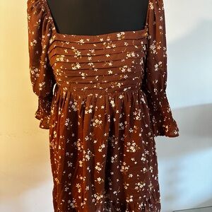 Blue Rain Floral Long Sleeve Dress in Brown